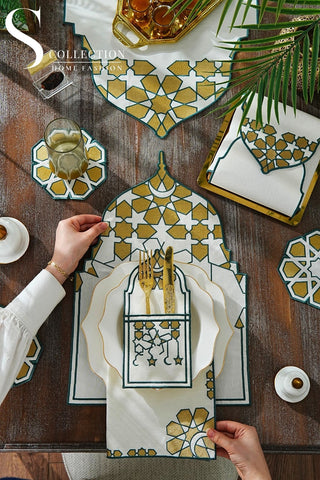 Ramadan Dome Design Green and Gold Full Placemat Set - With Bread Basket Napkin and Runner - 6 Persons - 26 Pcs.