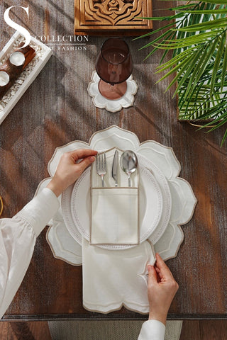 Valeria Off White and Cappuccino Design Placemat Set - Waterproof Fabric - 6 Persons - 24 Pcs. Full Set