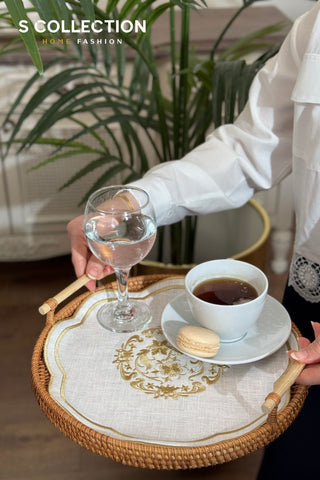 Bouquet Design Tray Cover - %100 Linen Fabric - Gold Embroidered