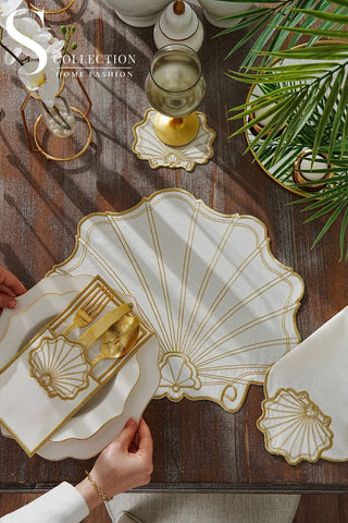 Marine Gold Design Placemat Set - Waterproof Fabric - 6 Persons - 24 Pcs. Full Set