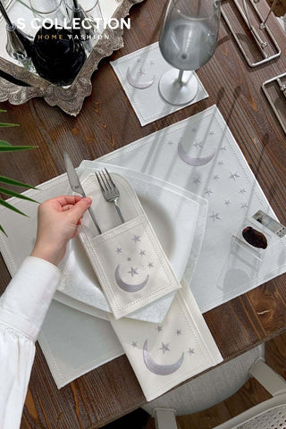 Ramadan Design Silver Luna Placemat Set - Waterproof Fabric - 6 Persons - 24 Pcs. Full Set