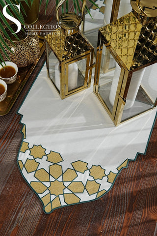 Ramadan Dome Design Runner - Waterproof Fabric - Green and Gold Embroidered