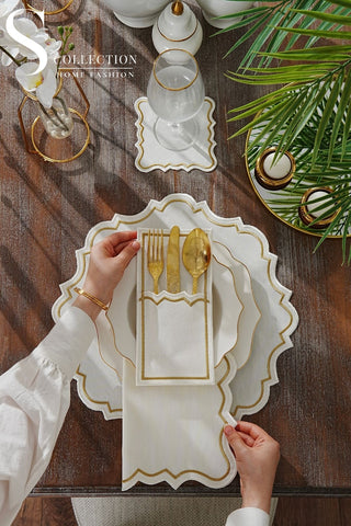 Camila Gold and Off White Design Placemat Set - Waterproof Fabric - 6 Persons - 24 Pcs. Full Set