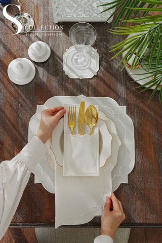 Amelia Off White Design Placemat Set - Waterproof Fabric - 6 Persons - 24 Pcs. Full Set