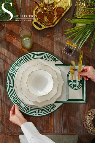 Layali Design Ramadan Collection Placemat - Green Embroidered - Waterproof Fabric -12 Persons - 12 Pcs.