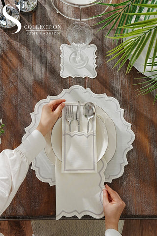 Camila Silver and Off White Design Placemat Set - Waterproof Fabric - 6 Persons - 24 Pcs. Full Set
