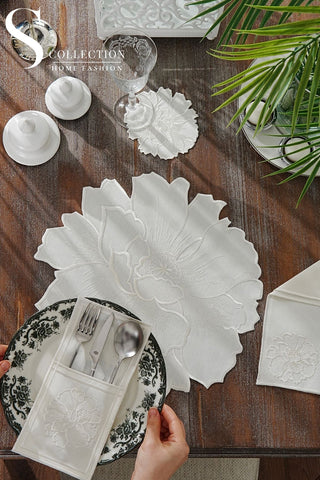 Eloise Off White Design Placemat Set - Waterproof Fabric - 6 Persons - 24 Pcs. Full Set