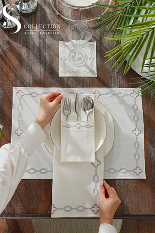 Cadena Silver Border - Cappuccino Design Placemat Set - Waterproof Fabric - 6 Persons - 24 Pcs. Full Set