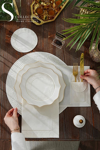 Layali Design Ramadan Collection Placemat Set - Off White Embroidered - Waterproof Fabric - 6 Persons - 18 Pcs. Full Set