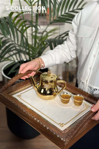 Classy Design Tray Cover - %100 Linen Fabric - Gold Embroidered