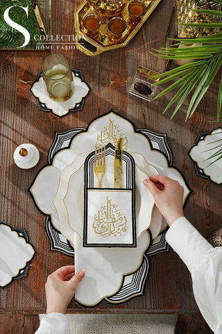 Ramadan Najma Design Black and Gold Placemat Set - Waterproof Fabric - 6 Persons - 24 Pcs. Full Set