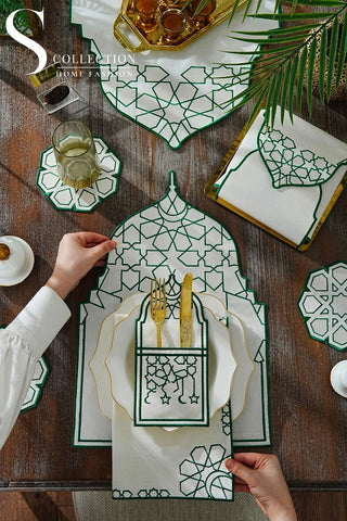 Ramadan Dome Design Green and Off White Full Placemat Set - With Bread Basket Napkin and Runner - 6 Persons - 26 Pcs.