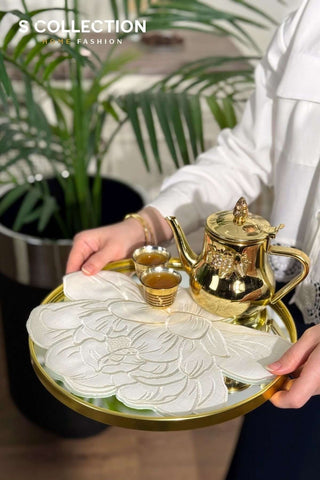 Charlotte Design Tray Cover - %100 Linen Fabric - Off White Embroidered