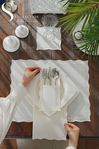 Leo Off White Design Placemat Set - Waterproof Fabric - 6 Persons - 24 Pcs. Full Set