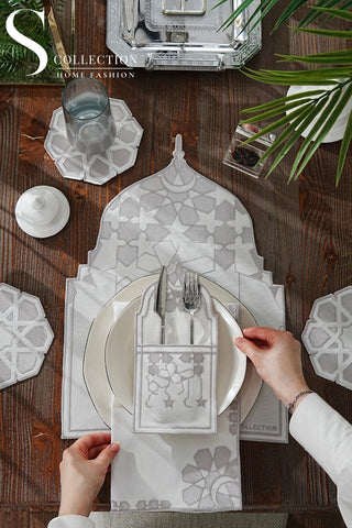Ramadan Dome Design Silver Placemat Set - Waterproof Fabric - 6 Persons - 24 Pcs. Full Set