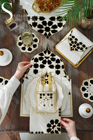 Ramadan Dome Design Black and Gold Full Placemat Set - With Bread Basket Napkin and Runner - 6 Persons - 26 Pcs.