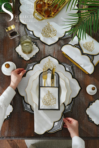 Ramadan Najma Design Black and Gold Full Placemat Set - With Bread Basket Napkin and Runner - 6 Persons - 26 Pcs.