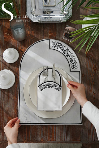 Ramadan Noor Design Placemat and Cutlery Pocket Set - Silver and Black Embroidery - Waterproof Fabric - 12 pcs (6 Persons)