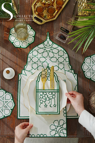 Ramadan Dome Design Green and Off White Placemat Set - Waterproof Fabric - 6 Persons - 24 Pcs. Full Set