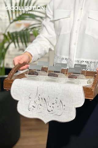 Al-Barakah Design Tray Cover - %100 Linen Fabric - Silver Embroidered
