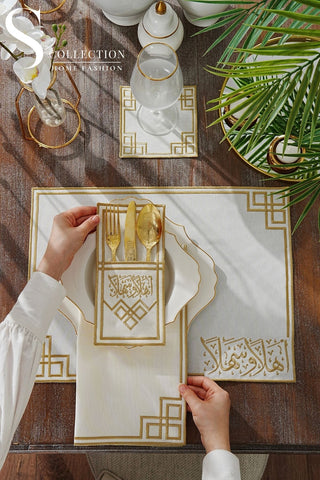 Welcome Elegance Gold Design Placemat Set - Waterproof Fabric - 6 Persons - 24 Pcs. Full Set