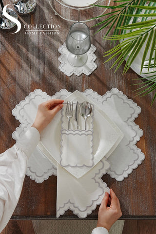 Rosaline Silver Design Placemat Set - Waterproof Fabric - 6 Persons - 24 Pcs. Full Set