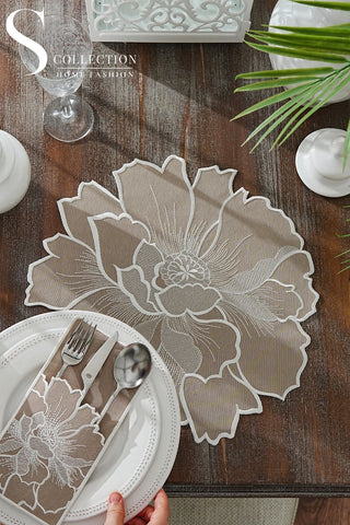 Eloise Design Embroidered Placemat Set - Cappucino Colour Waterproof Fabric - 6 Persons - 12 Pcs.