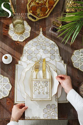 Ramadan Dome Design Silver and Gold Placemat Set - Waterproof Fabric - 6 Persons - 24 Pcs. Full Set