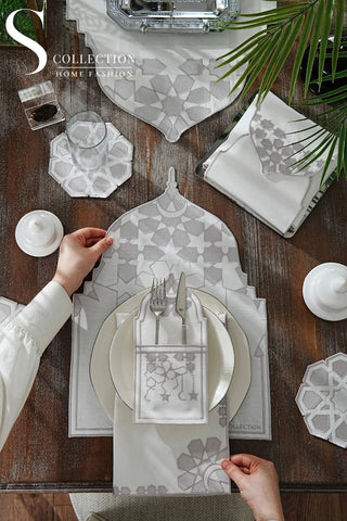 Ramadan Dome Design Silver Full Placemat Set - With Bread Basket Napkin and Runner - 6 Persons - 26 Pcs.