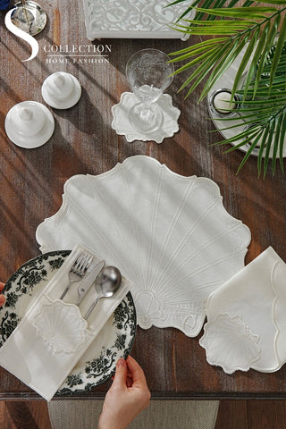 Marine Off White Design Placemat Set - Waterproof Fabric - 6 Persons - 24 Pcs. Full Set