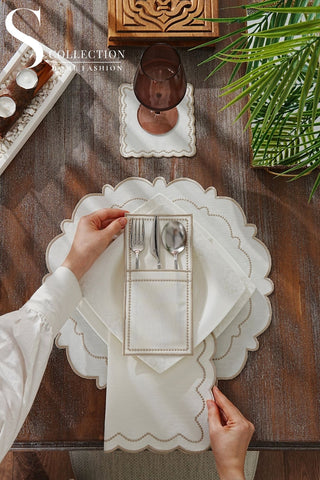 Tansy Cappuccino Design Placemat Set - Waterproof Fabric - 6 Persons - 24 Pcs. Full Set