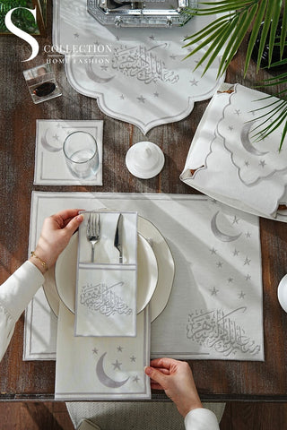 Ramadan Design Silver Stellar Serenity Full Placemat Set - With Bread Basket Napkin and Runner - 6 Persons - 26 Pcs.