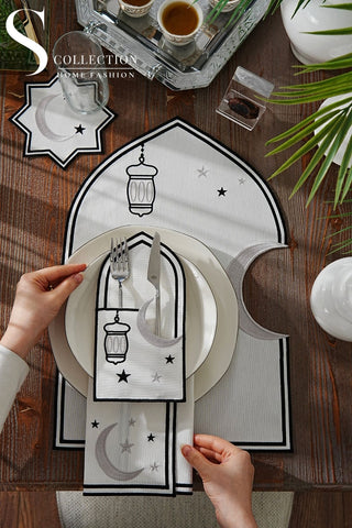 Ramadan Qamar Design Black and Silver Placemat Set - Waterproof Fabric - 6 Persons - 24 Pcs. Full Set