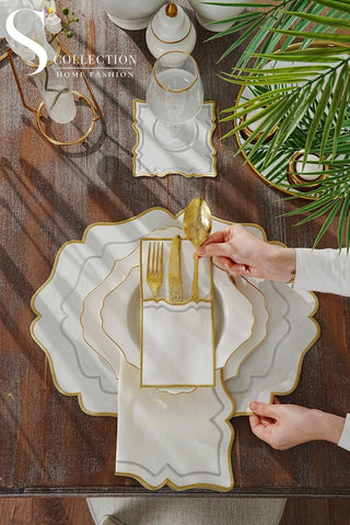 Dessert Bloom Gold and Silver Design Placemat Set - Waterproof Fabric - 6 Persons - 24 Pcs. Full Set