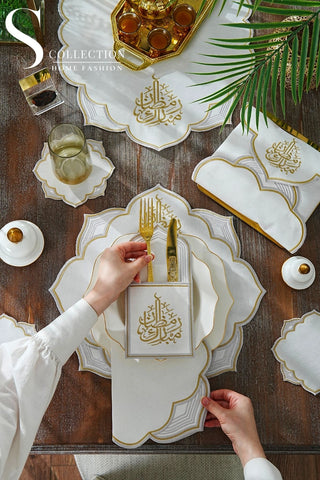 Ramadan Najma Design Gold and Silver Full Placemat Set - With Bread Basket Napkin and Runner - 6 Persons - 26 Pcs.