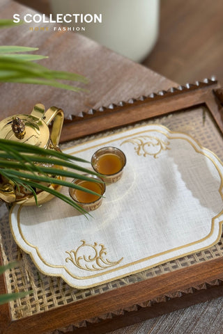 Orchid Design Tray Cover - %100 Linen Fabric - Gold Embroidered