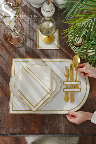 Dora Gold Pocket Design Placemat Set - Waterproof Fabric - 6 Persons - 18 Pcs. Full Set