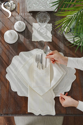 Desert Bloom Off White Design Placemat Set - Waterproof Fabric - 6 Persons - 24 Pcs. Full Set