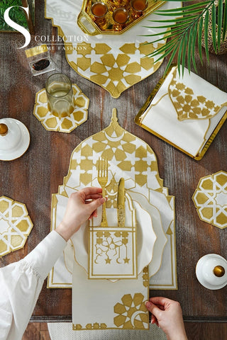 Ramadan Dome Design Gold Full Placemat Set - With Bread Basket Napkin and Runner - 6 Persons - 26 Pcs.