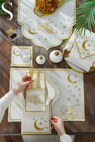 Ramadan Design Gold Stellar Serenity Full Placemat Set - With Bread Basket Napkin and Runner - 6 Persons - 26 Pcs.