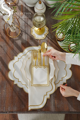 Clara Gold Design Placemat Set - Waterproof Fabric - 6 Persons - 24 Pcs. Full Set