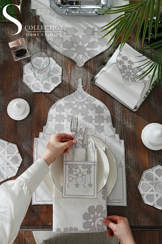 Ramadan Dome Design Silver Full Placemat Set - With Bread Basket Napkin and Runner - 6 Persons - 26 Pcs.
