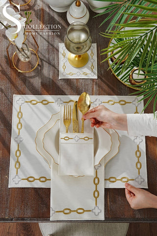 Cadena Gold Border - Silver Design Placemat Set - 6 Persons - Waterproof Fabric - 24 Pcs. Full Set