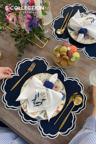 Cloudy Design Embroidered Placemat Set - Navy Blue Colour Waterproof Fabric - 6 Persons - 18 Pcs.