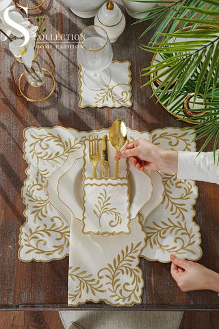 Lilac Soleil Gold Design Placemat Set - Waterproof Fabric - 6 Persons -  24 Pcs. Full Set