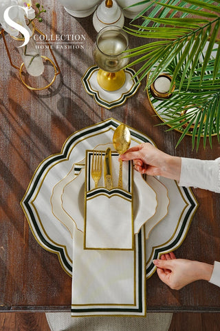 Moonrise Olive Green Design Placemat Set - Waterproof Fabric - 6 Persons - 24 Pcs. Full Set