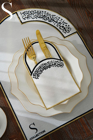 Ramadan Noor Design Placemat and Cutlery Pocket Set - Black and Gold Embroidery - Waterproof Fabric - 12 pcs (6 Persons)