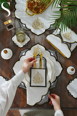 Ramadan Najma Design Black and Gold Full Placemat Set - With Bread Basket Napkin and Runner - 6 Persons - 26 Pcs.