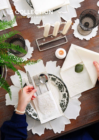 Eloise Off White Design Placemat Set - Waterproof Fabric - 6 Persons - 24 Pcs. Full Set