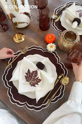 Jory Design Embroidered Placemat Set - Brown Colour Waterproof Fabric - 6 Persons - 18 Pcs.
